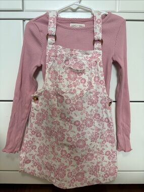 Girls' Pink Floral Pinafore Dress Two Piece Spring Back To School Cute